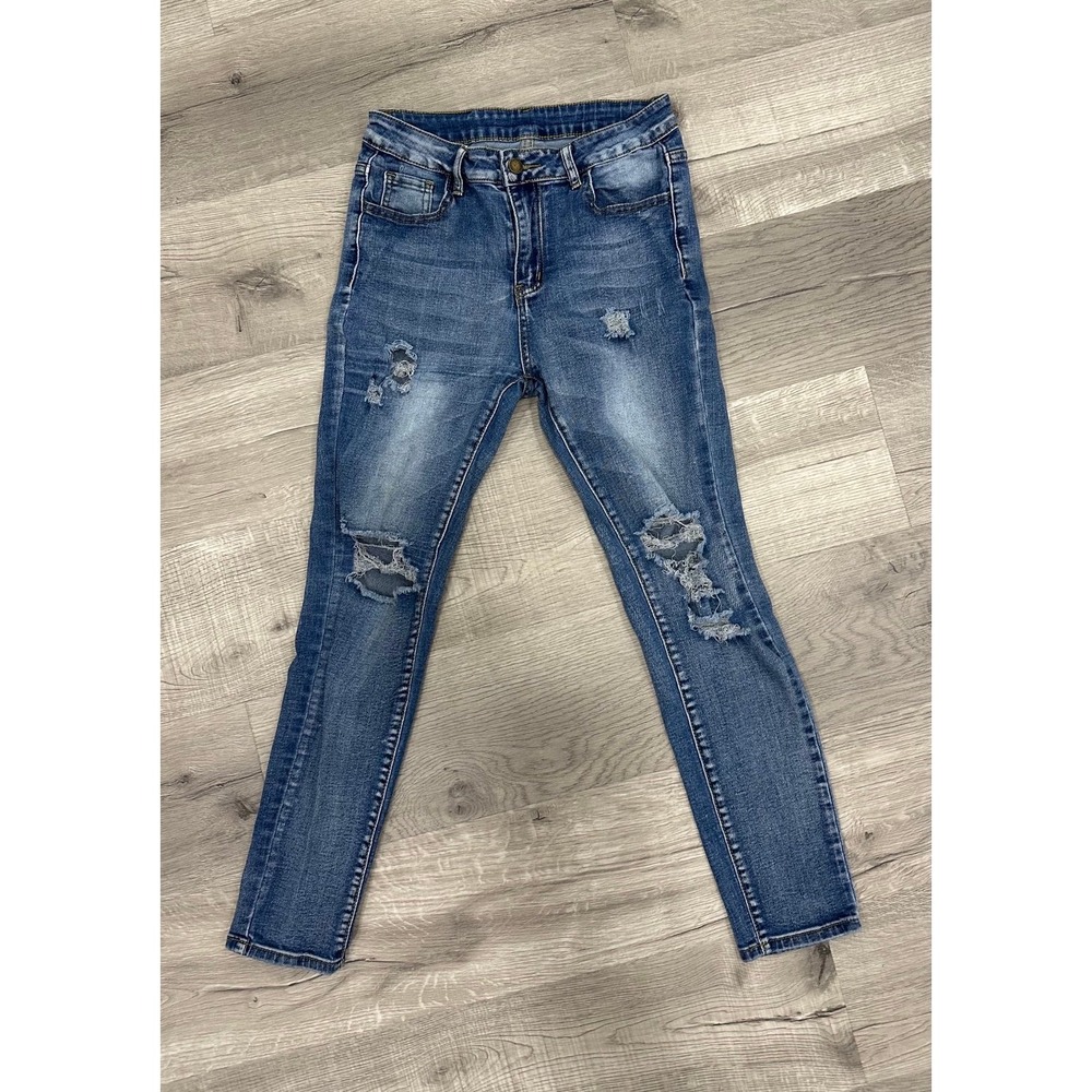 Roswear Distressed woman’s Skinny Jeans‎ Mid-Rise Blue Stretch Denim medium